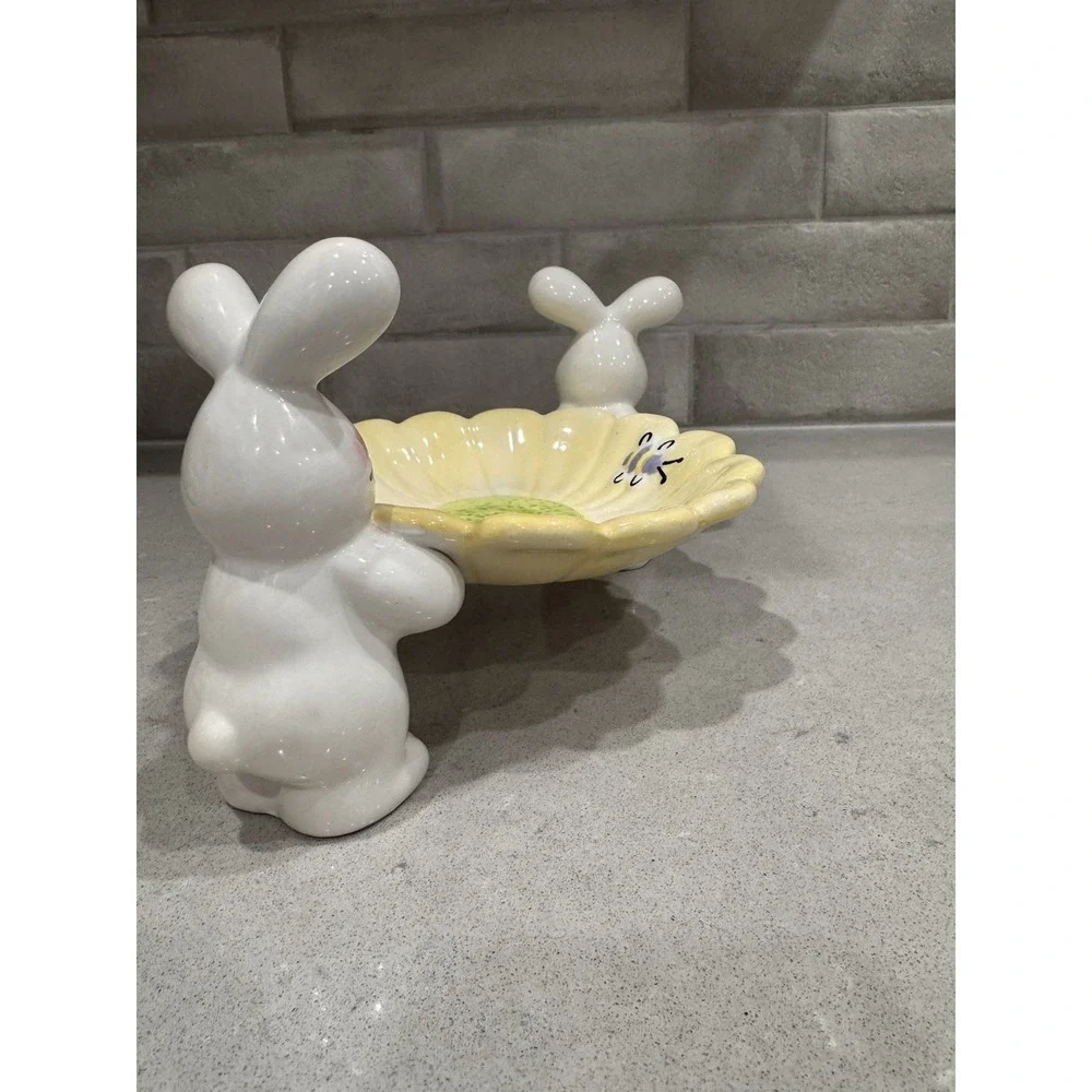 🐰 Vintage Easter Bunny Double Figurine Candy Dish – Spring Flower Bowl Decor